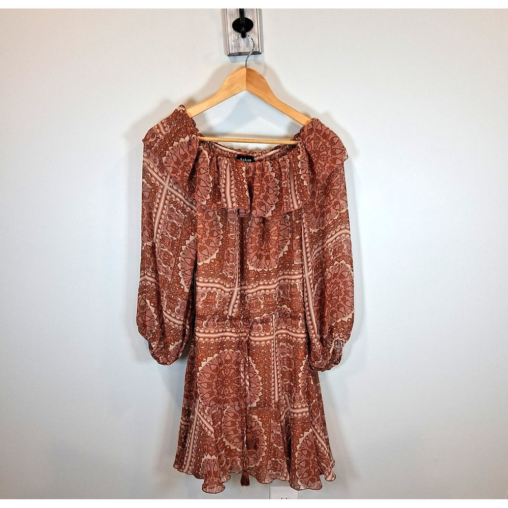 Aakaa Boho Mini Dress Womens Sz M Brown Pink Cottagecore Peasant Western Ruffle‎